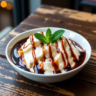 Chocolate dessert with whipped cream and mint