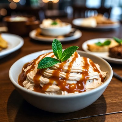 Dessert with caramel and mint on table