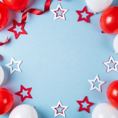 Red and white decor by blue backdrop