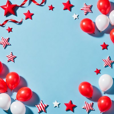 Red and white party decorations on blue backdrop