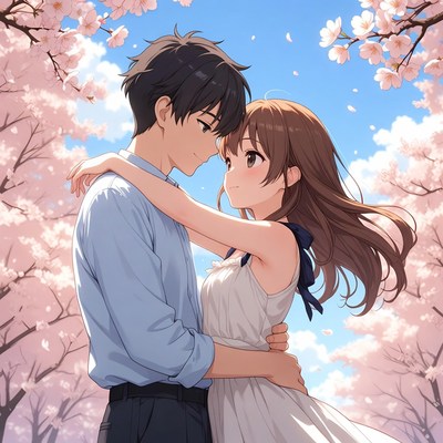 Couple embraces under cherry blossoms