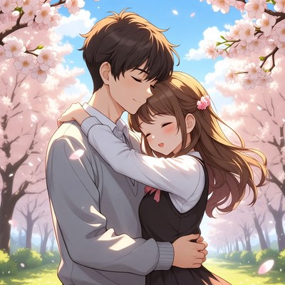 Couple enjoying spring cherry blossoms together