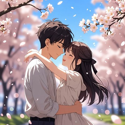Couple enjoying cherry blossoms in spring