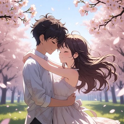 Couple under cherry blossom trees