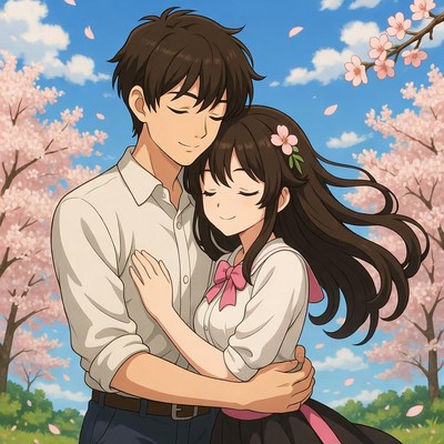 Couple under cherry blossoms in spring