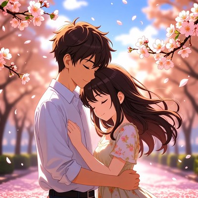 Couple embracing under cherry blossoms