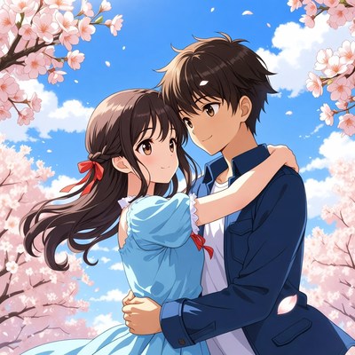 Couple embracing under cherry blossoms