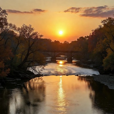 Sunset over river and bridge