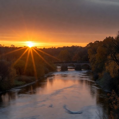 Sunrise over the river and bridge