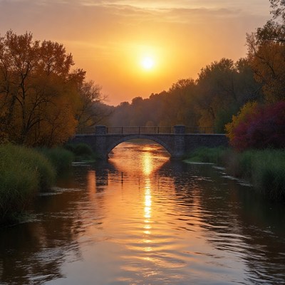 Sunset over river and bridge