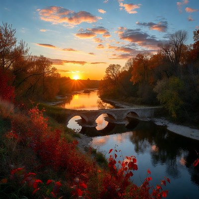 Sunset over river with bridge