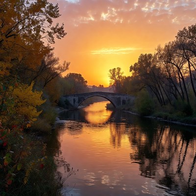 Sunset over river and bridge