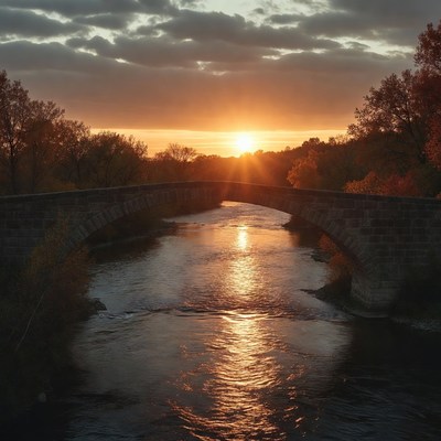 Sunset over the river bridge