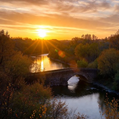 Sunset over river and bridge