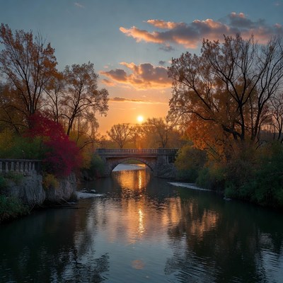 Sunset over river and bridge