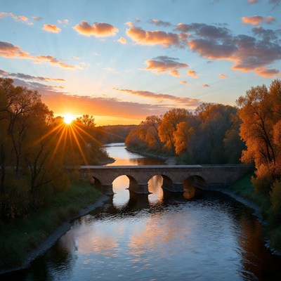 Sunset over river bridge in autumn