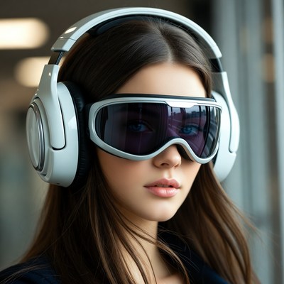 Young woman wearing digital headset indoors