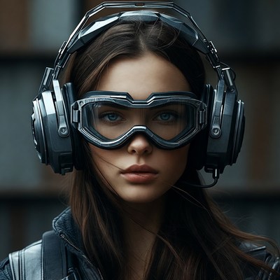 Woman with goggles and headset in urban setting