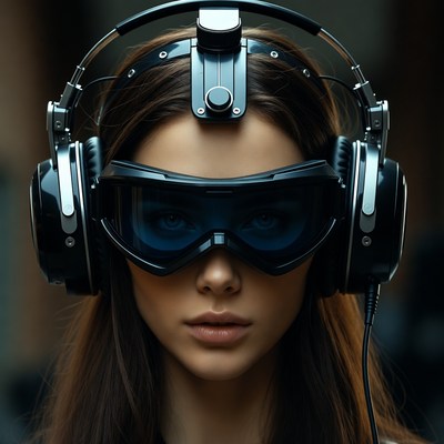 Woman wearing advanced audio-visual gear