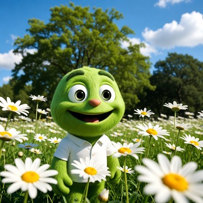Green character in flower field