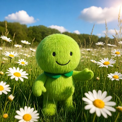 Green character in a flower field