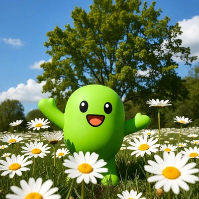 Green character in a flower field