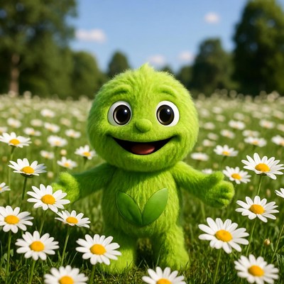 Cute green character in flower field