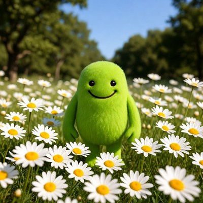 Green character standing among flowers