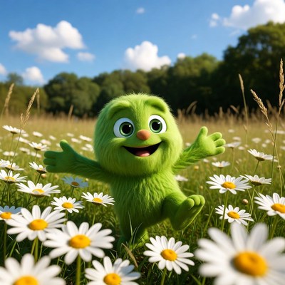 Green character plays in flower field
