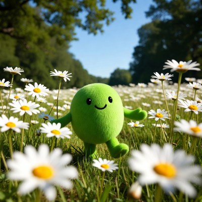 Green character walks in flower field