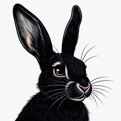 Black rabbit with long ears and whiskers
