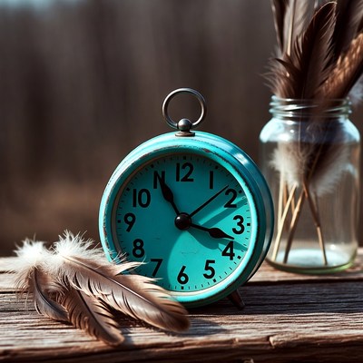 Vintage clock and feathers on wood