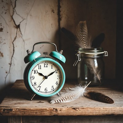 Vintage clock on wooden table
