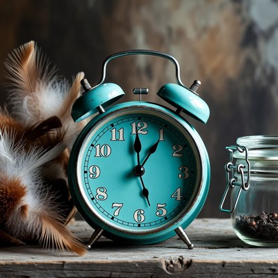 Vintage clock and feathers on wood table