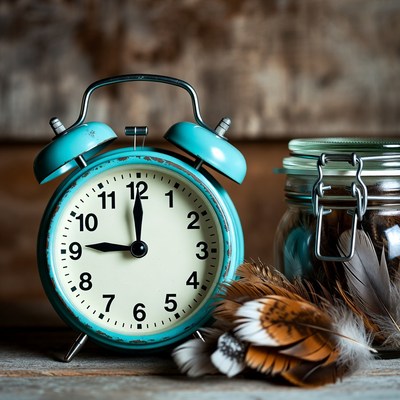 Vintage alarm clock with feathers