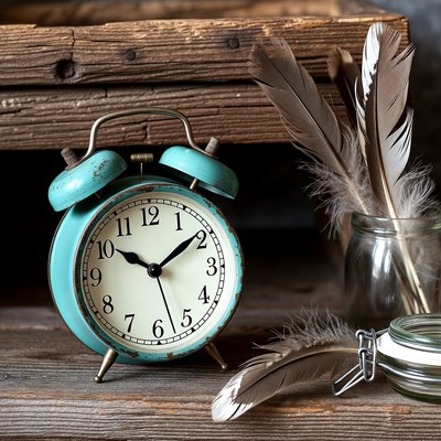Vintage clock with feathers on a wooden table