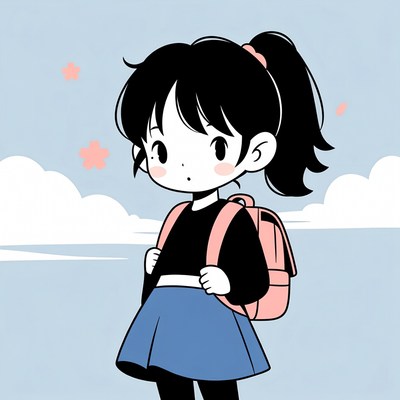 Girl with backpack in simple cartoon style