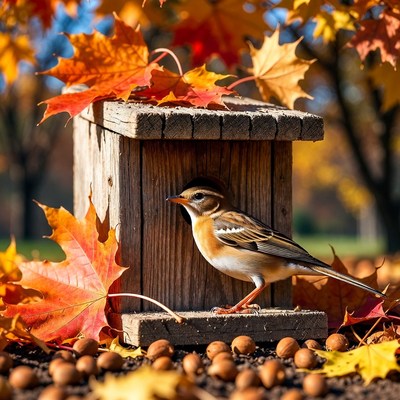 Bird near wooden house in autumn