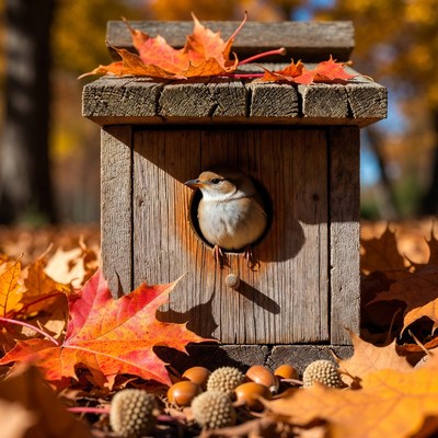 Bird in wooden house with autumn leaves