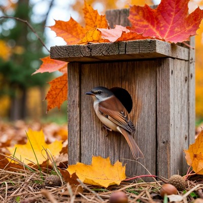 Bird at wooden nest in autumn