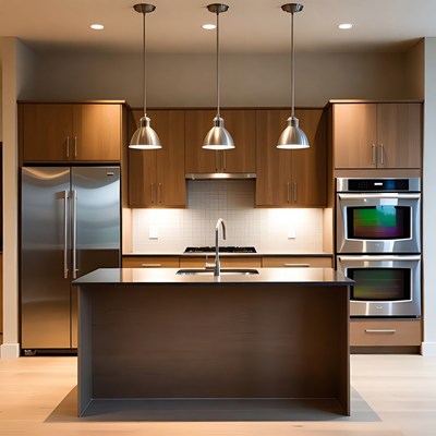 Modern kitchen with steel appliances and island