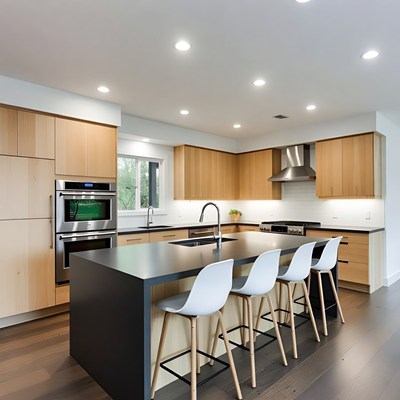 Modern kitchen with wooden cabinets and island