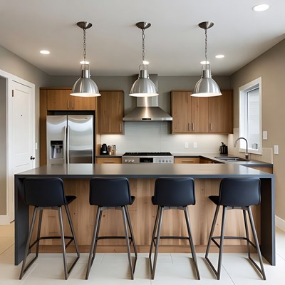 Modern kitchen with stools and lights