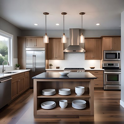 Modern kitchen with wooden cabinets and island