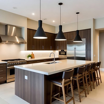 Modern kitchen with island and seating area
