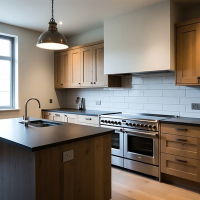 Modern kitchen with wooden cabinets and appliances