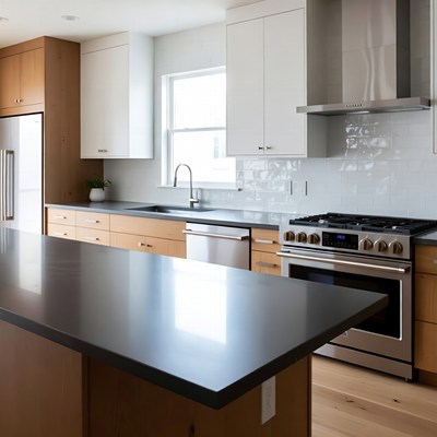 Modern kitchen with wooden cabinets and island