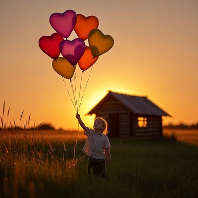 Child holding balloons at sunset