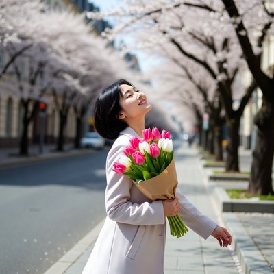 Woman with bouquet on street
