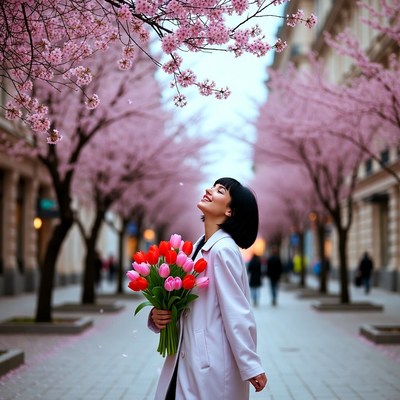 Woman holding flowers in spring garden